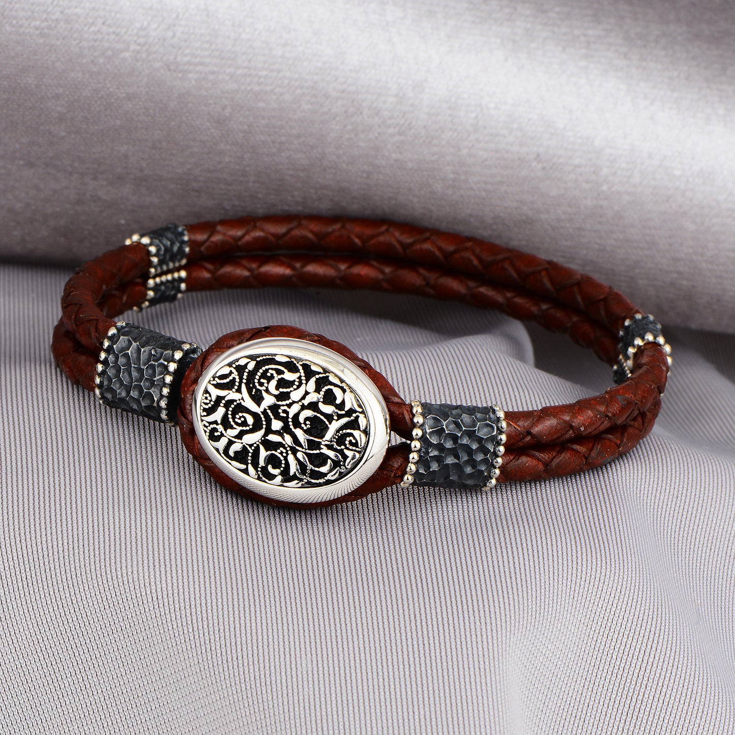 Silver Red Leather Handmade Bracelet