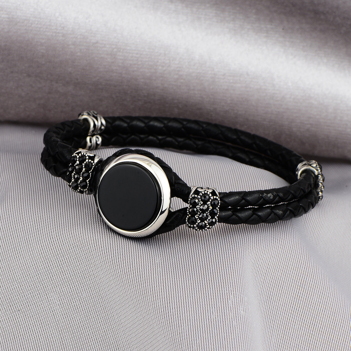 Men Onyx Stone Silver Leather Bracelet