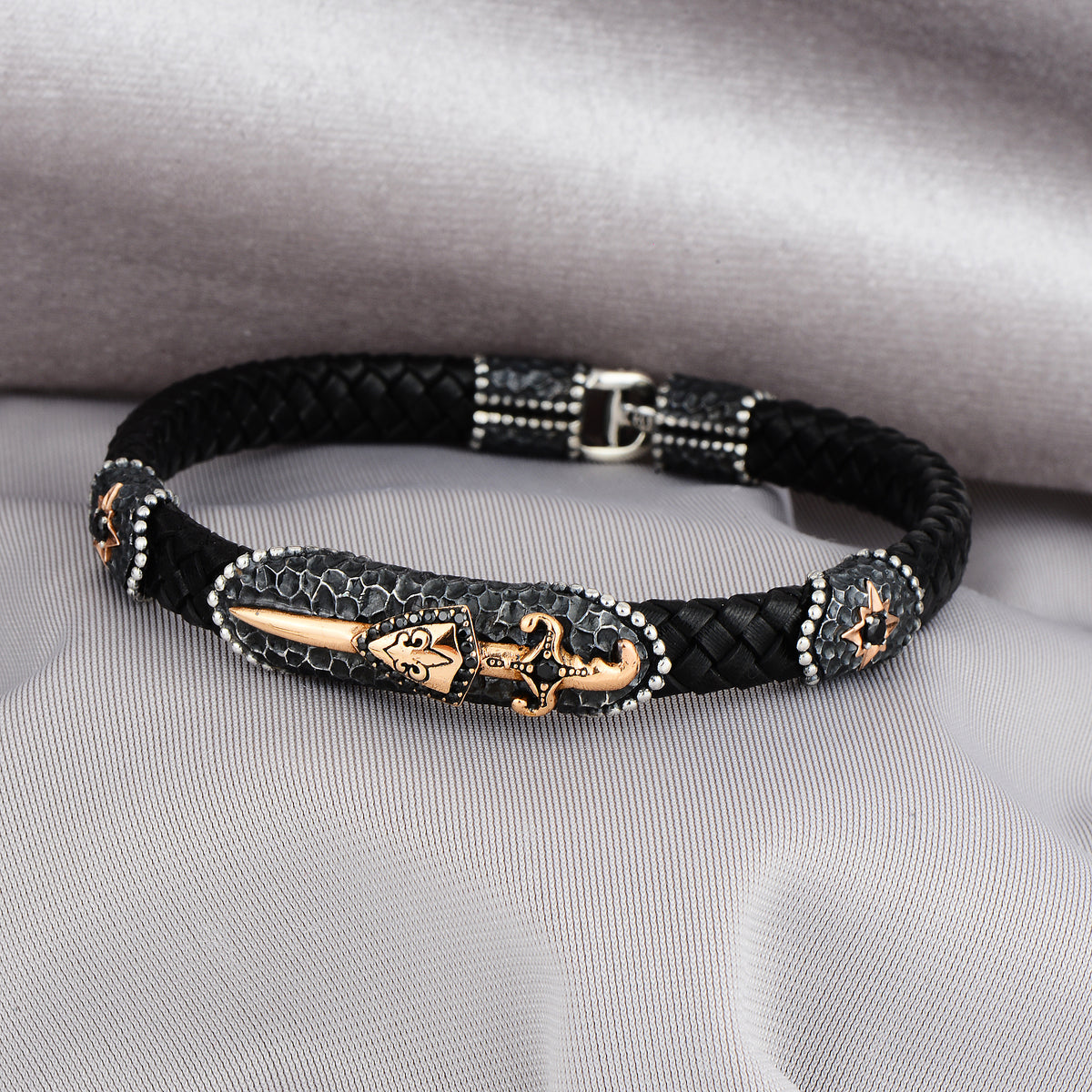 Men Silver Sword Model Leather Bracelet