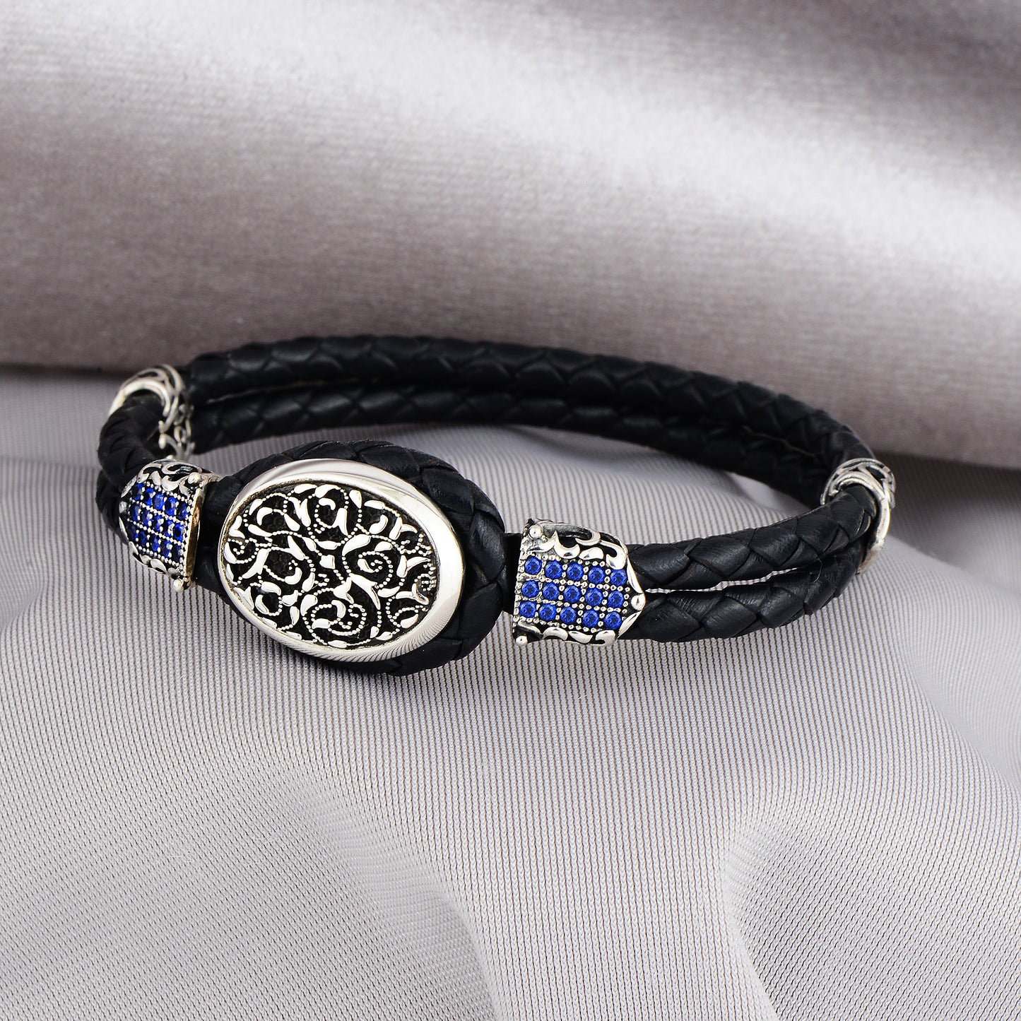 Handmade Silver Sapphire Stone Leather Bracelet