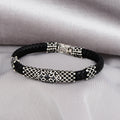 Men Silver Black Stone Leather Bracelet
