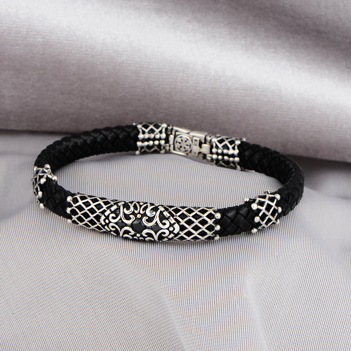 Men Silver Black Stone Leather Bracelet
