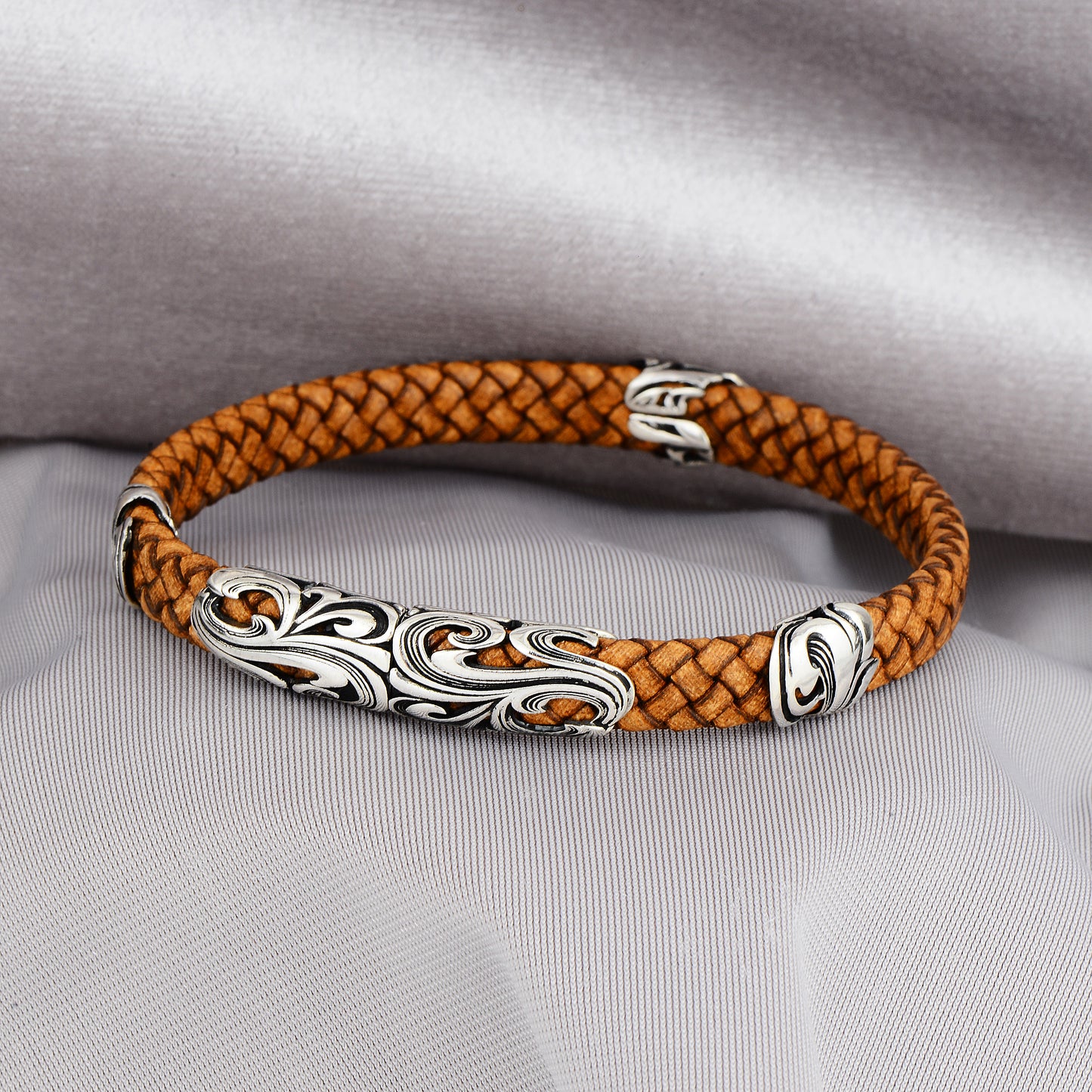 Silver Handmade Orange Leather Bracelet