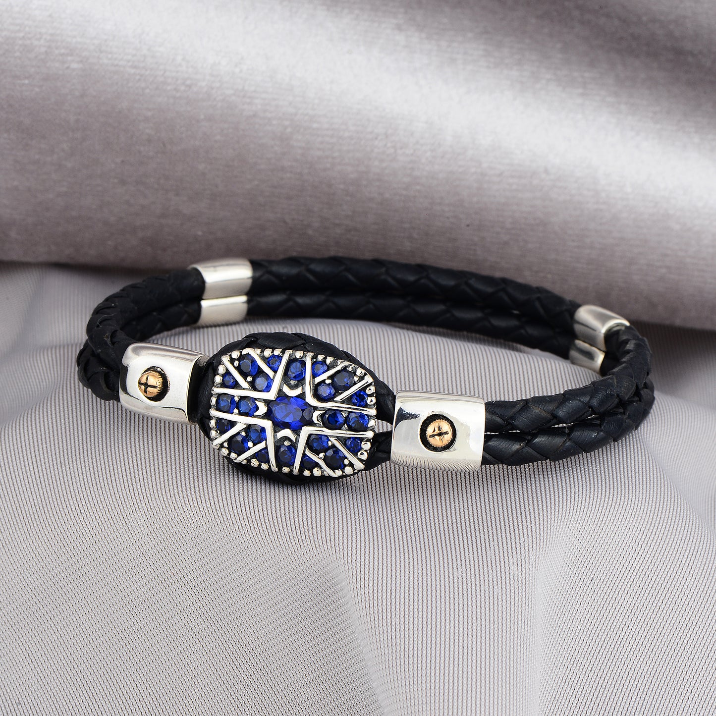 Silver Sapphire Stone Leather Bracelet