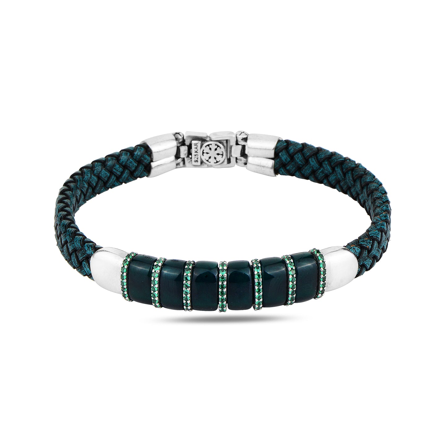 Men Silver Emerald Stone Leather Bracelet