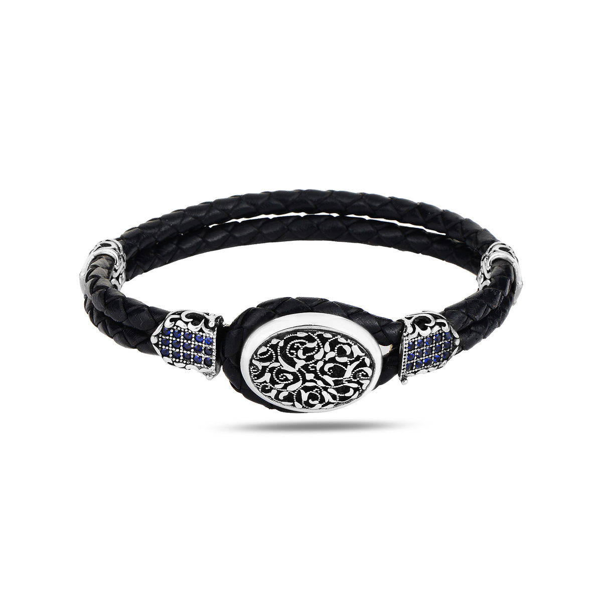 Handmade Silver Sapphire Stone Leather Bracelet