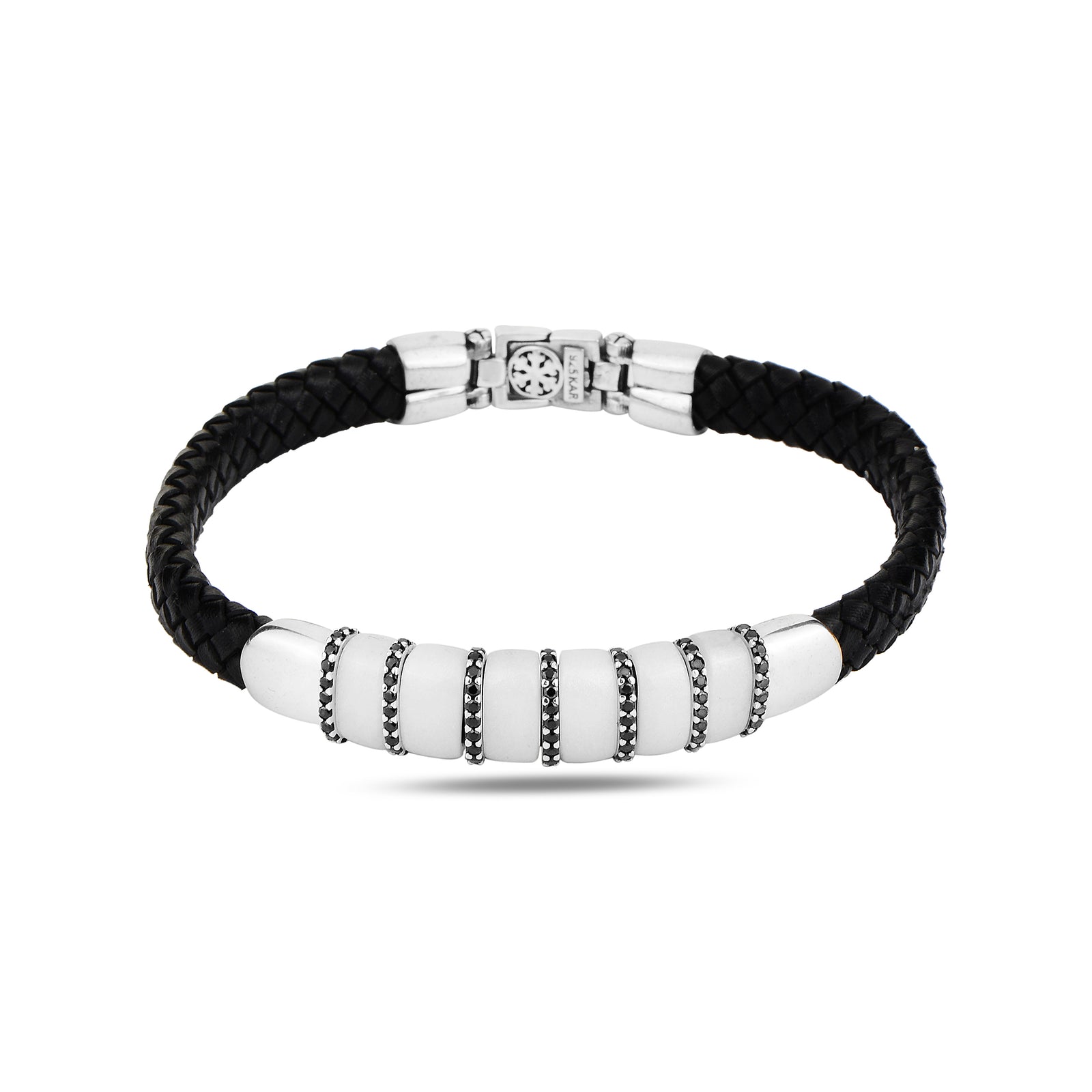 Handmade Silver Pearl Stone Leather Bracelet