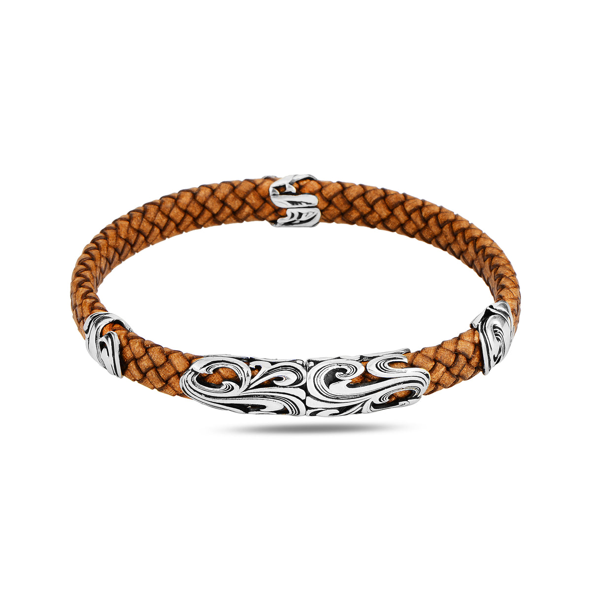 Silver Handmade Orange Leather Bracelet