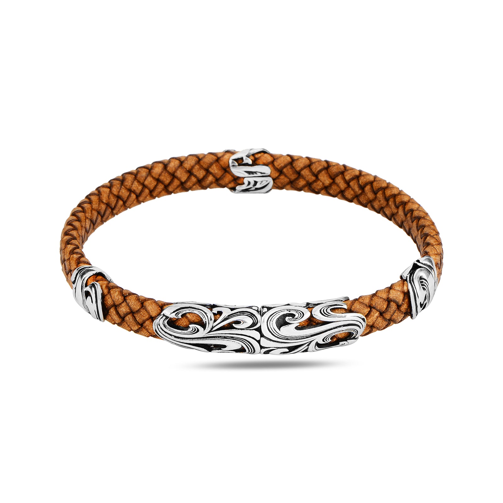 Silver Handmade Orange Leather Bracelet