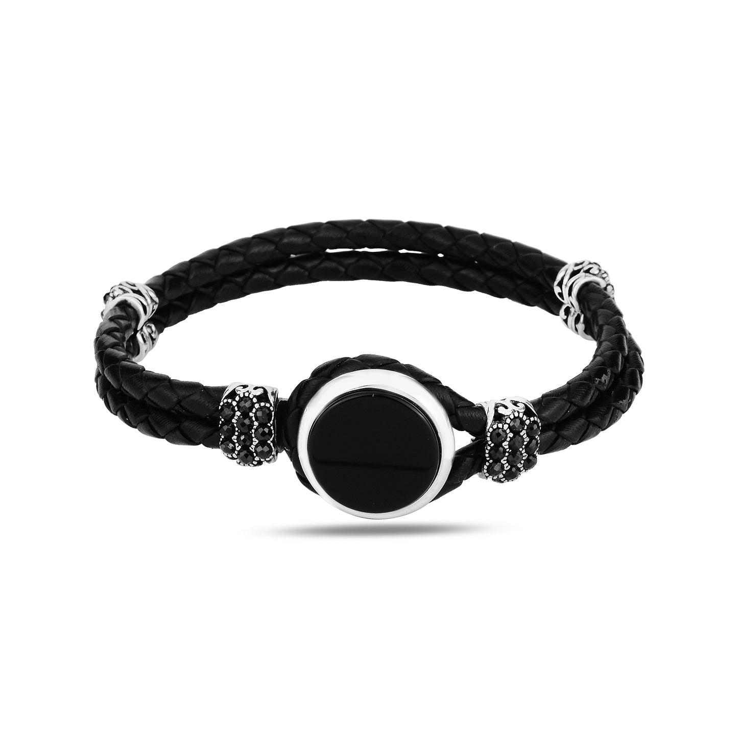 Men Onyx Stone Silver Leather Bracelet