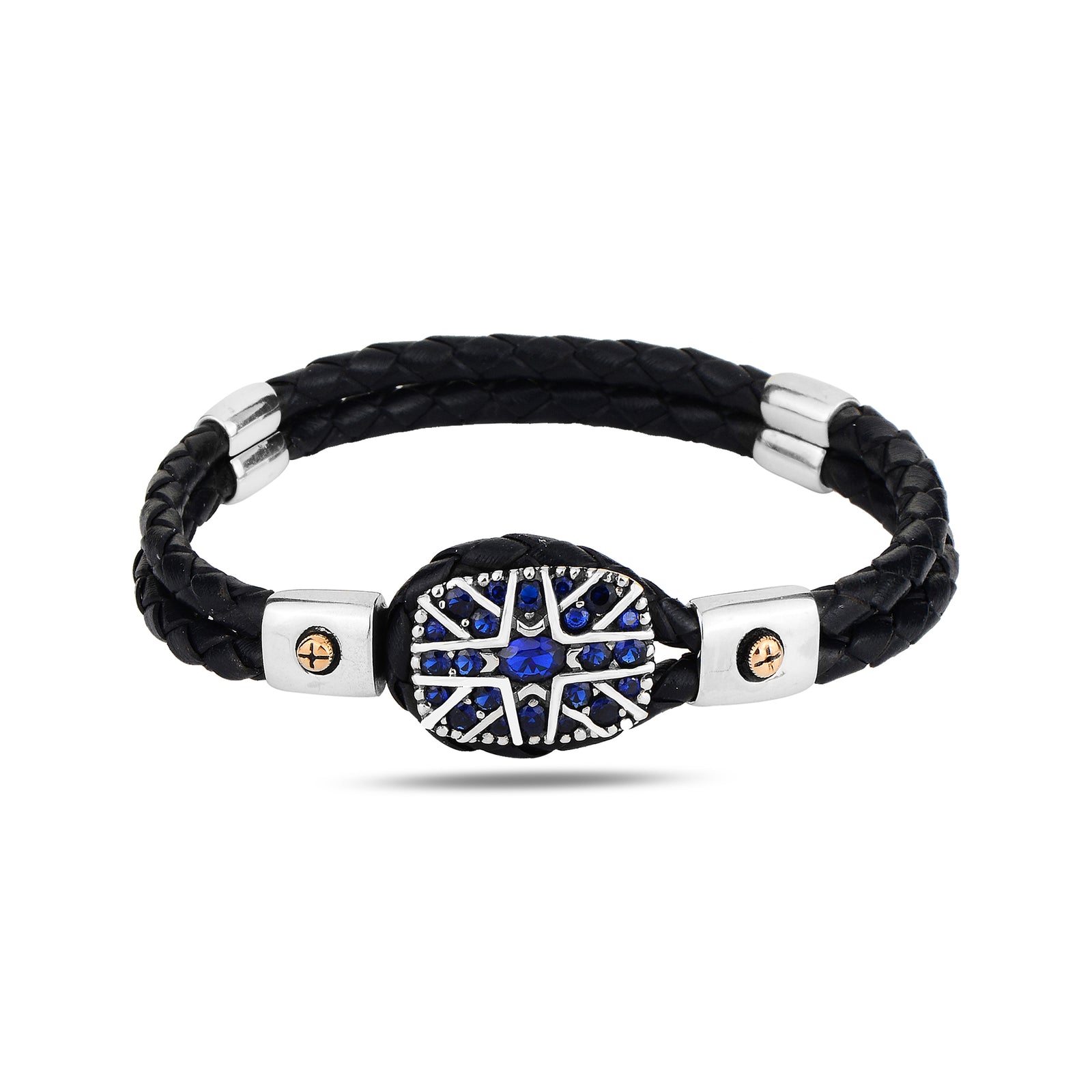 Silver Sapphire Stone Leather Bracelet