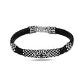 Men Silver Black Stone Leather Bracelet