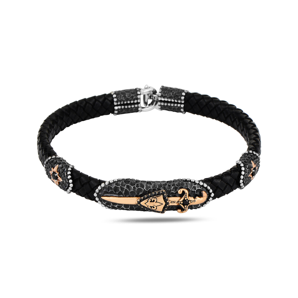 Men Silver Sword Model Leather Bracelet