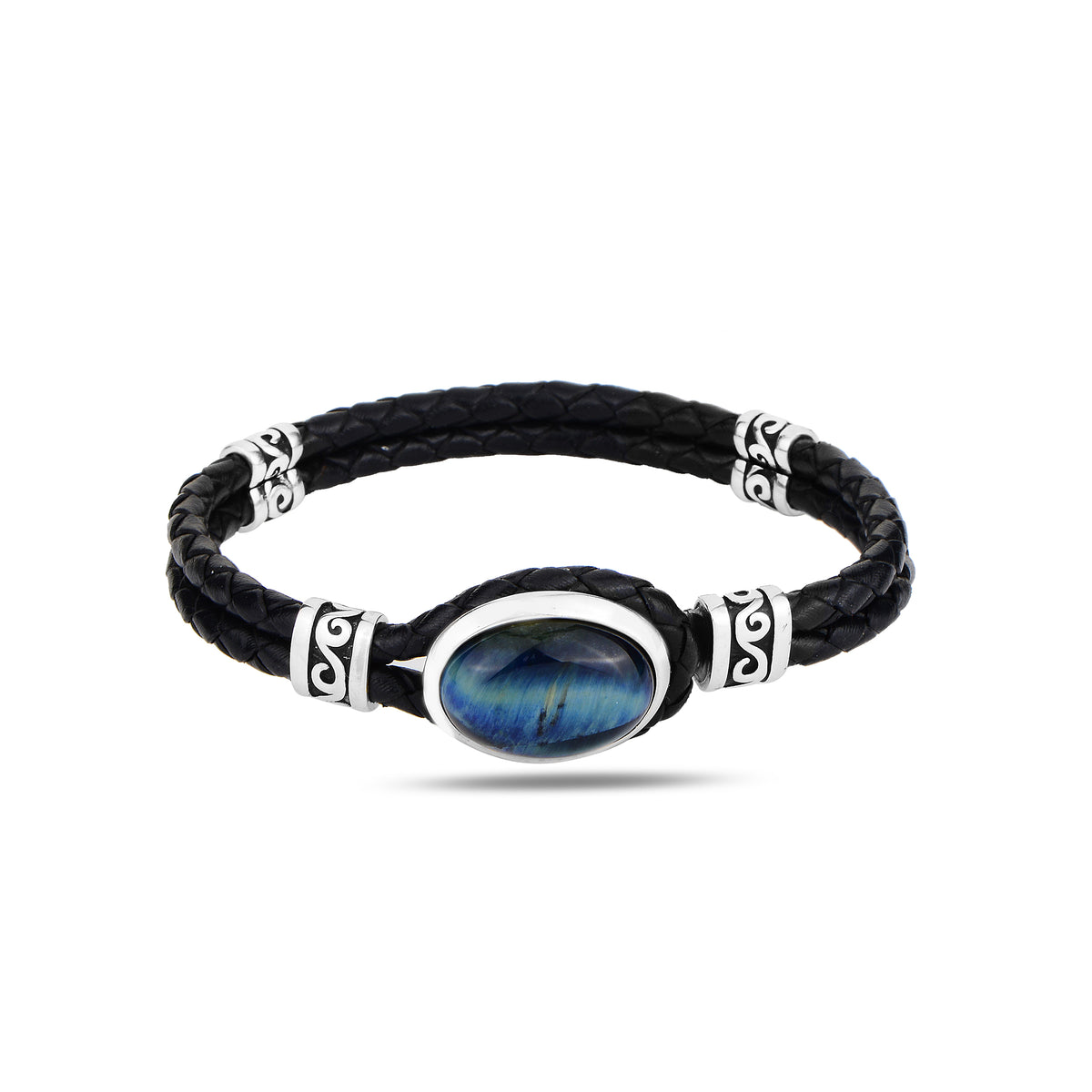 Men Silver Tiger Eye Stone Leather Bracelet