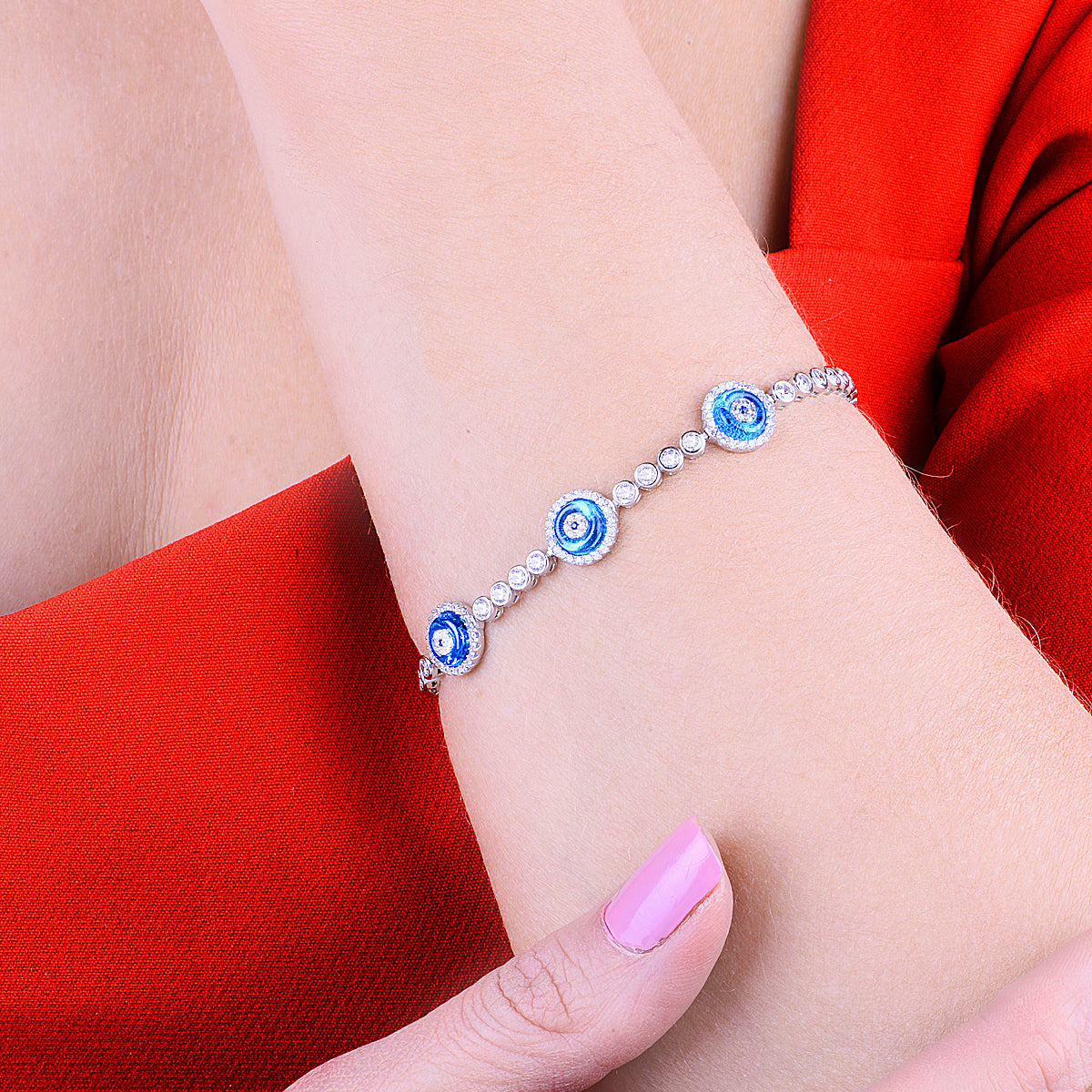 Women Silver Blue Evil Eye Adjustable Tennis Protection Bracelet