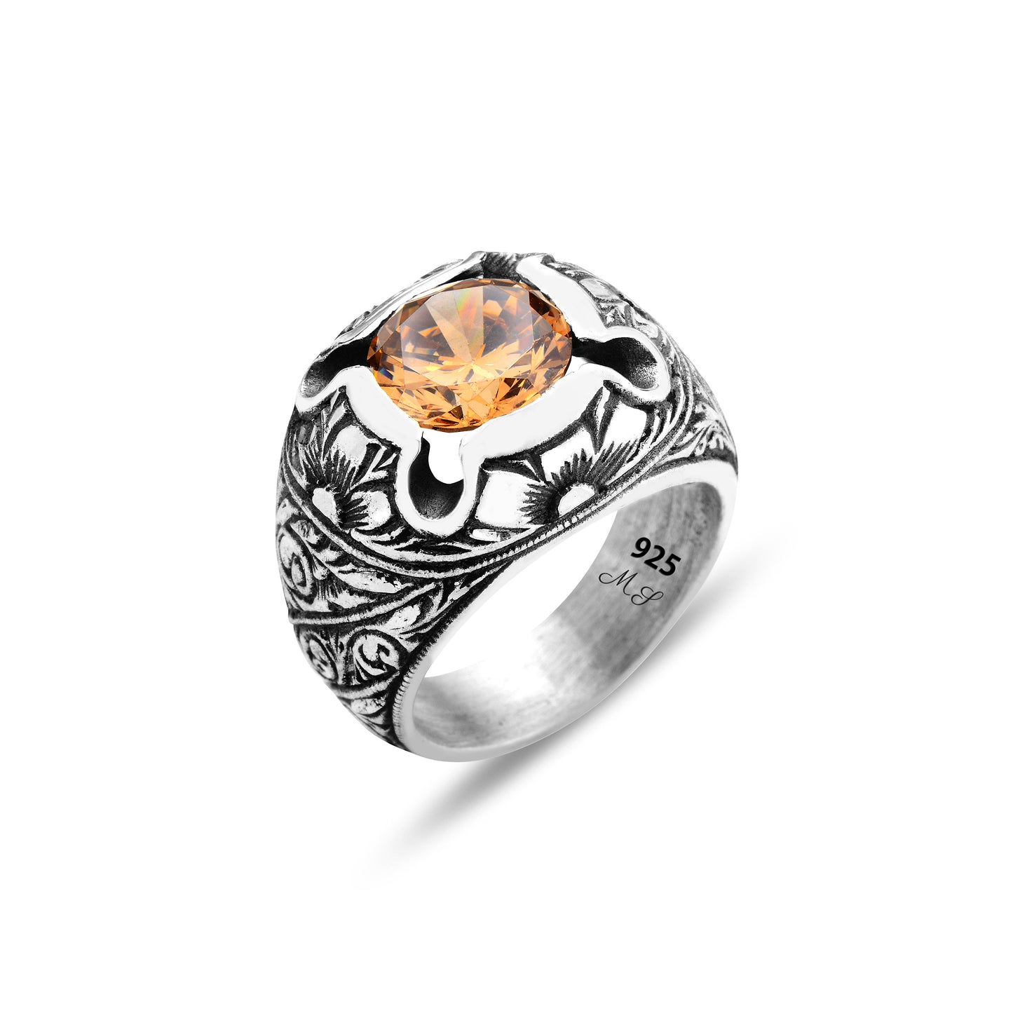 Men Engraved Citrine Gemstone Silver Ring Square Men Engraved Ring