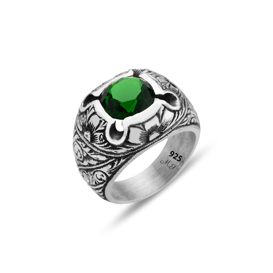 Men Silver Handmade Green Emerald Gemstone Hand-Engraved Ring