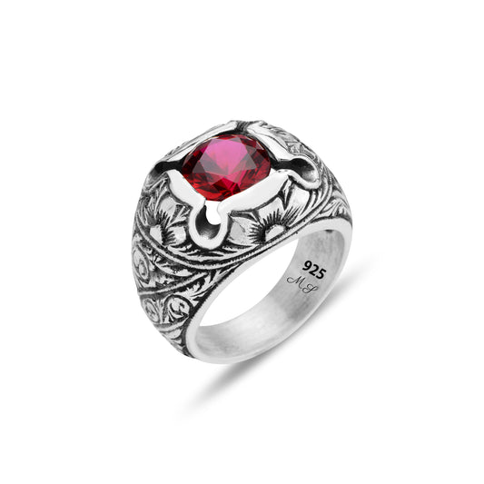 Men Silver Handmade Engraved Red Ruby Gemstone Ring