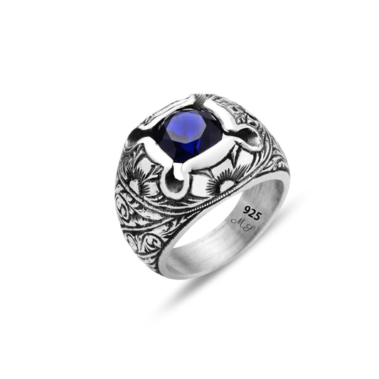 925k Silver Men Hand Engraved Blue Sapphire Gemstone Silver Ring