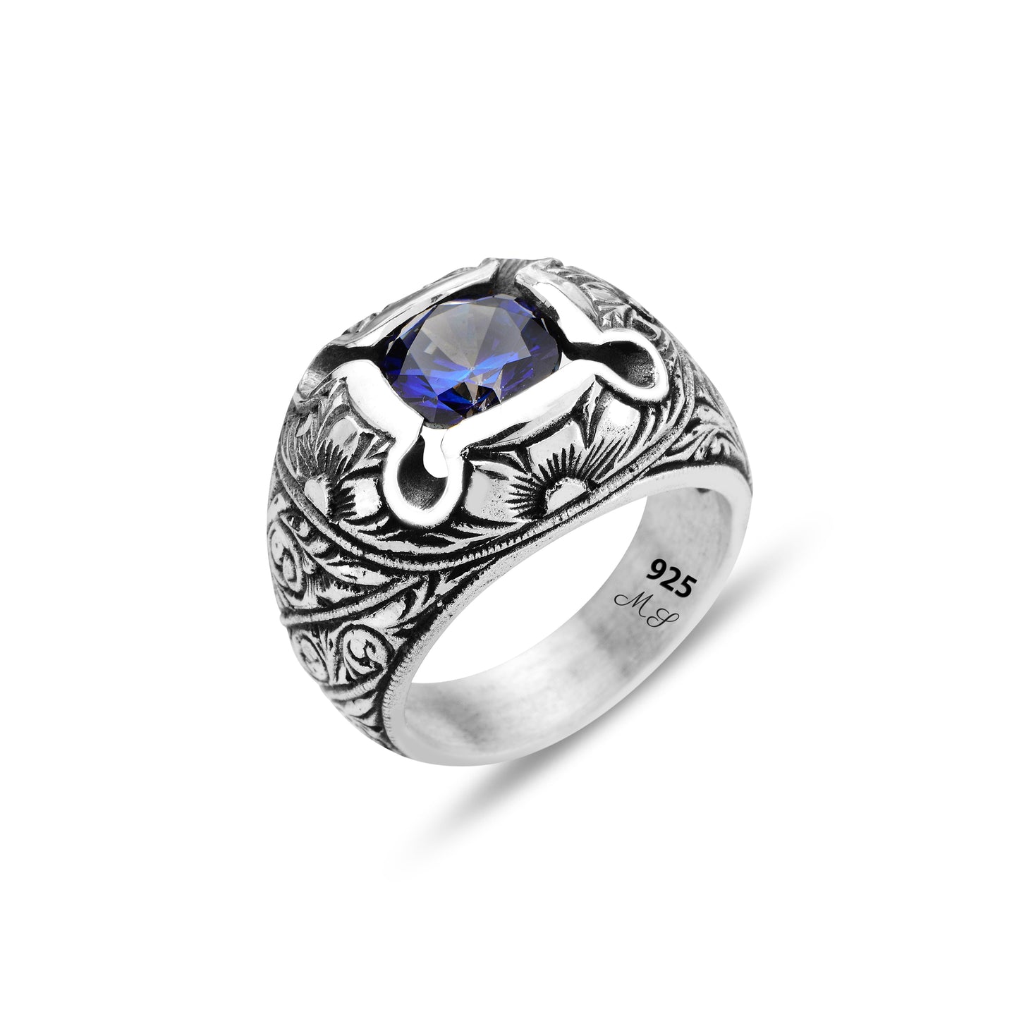 Men Silver Engraved Handmade Blue Sapphire Gemstone Ring