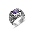Men Engraved Amethyst Ring, Handmade Natural Silver Amethyst Stone Men Ring