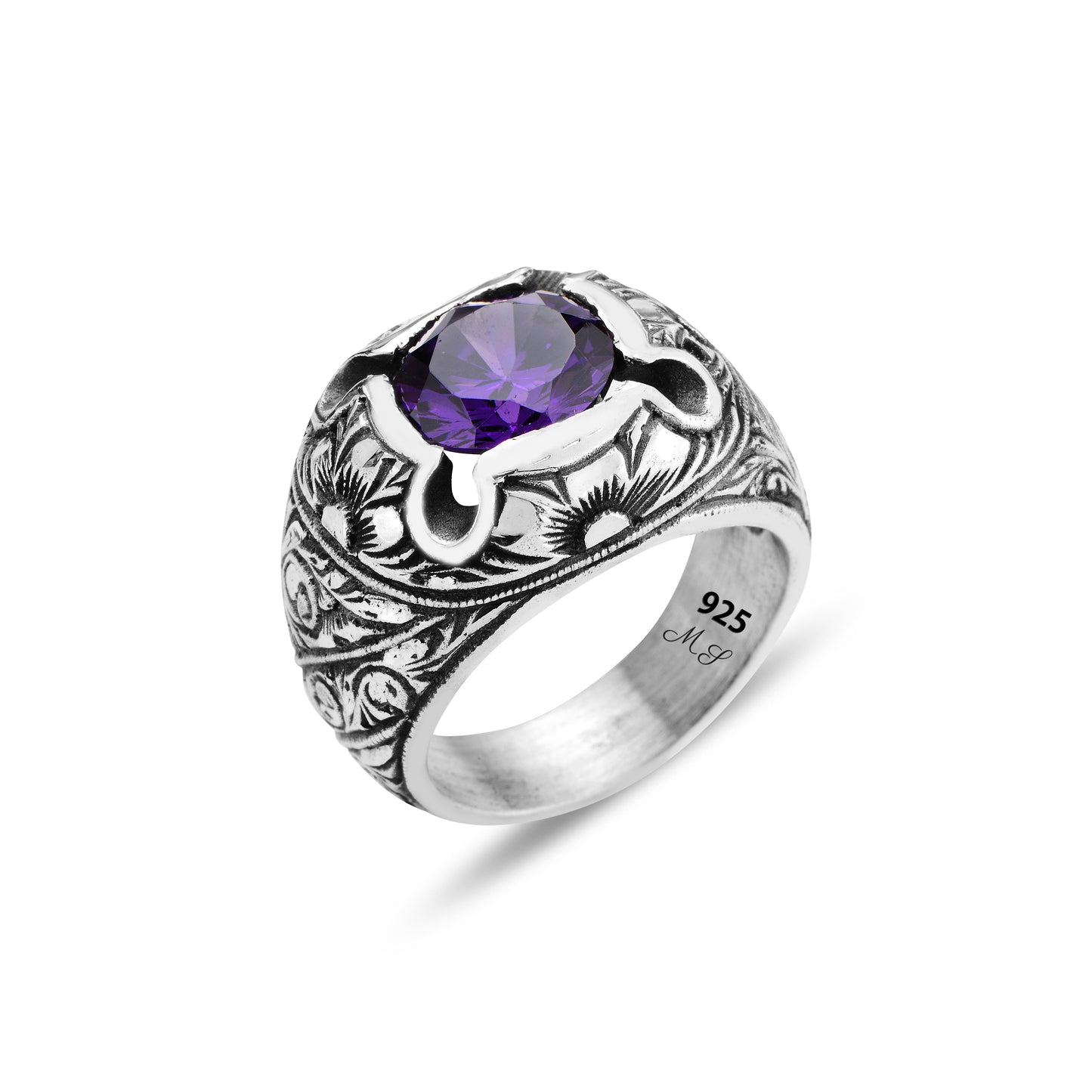 Men Engraved Amethyst Ring, Handmade Natural Silver Amethyst Stone Men Ring