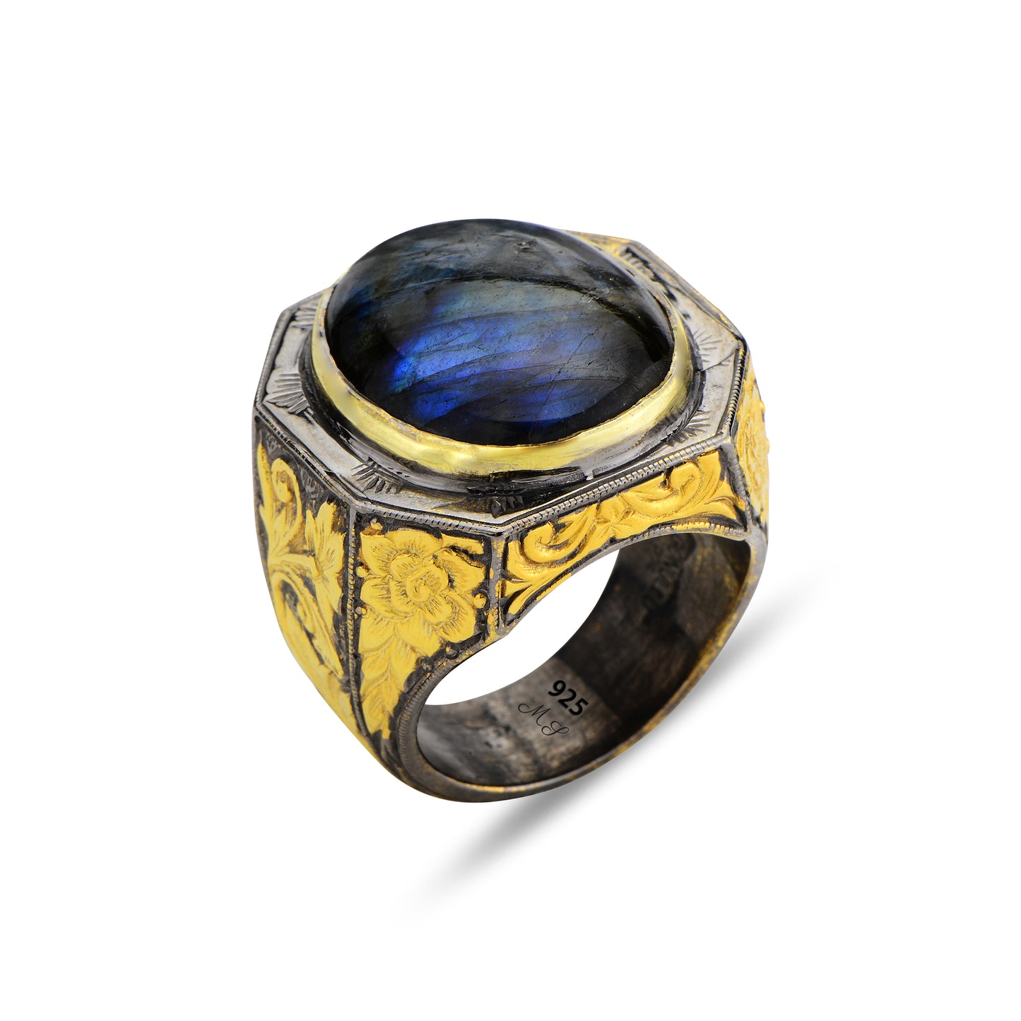 Men Silver Handmade Gold Plated Natural Labradorite Engraved Ring