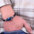 Men Silver Tiger Eye Stone Leather Bracelet
