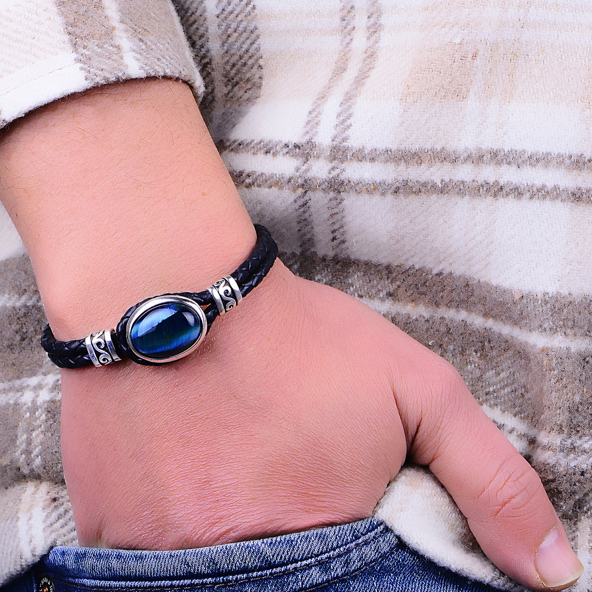 Men Silver Tiger Eye Stone Leather Bracelet