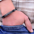 Men Silver Black Stone Leather Bracelet