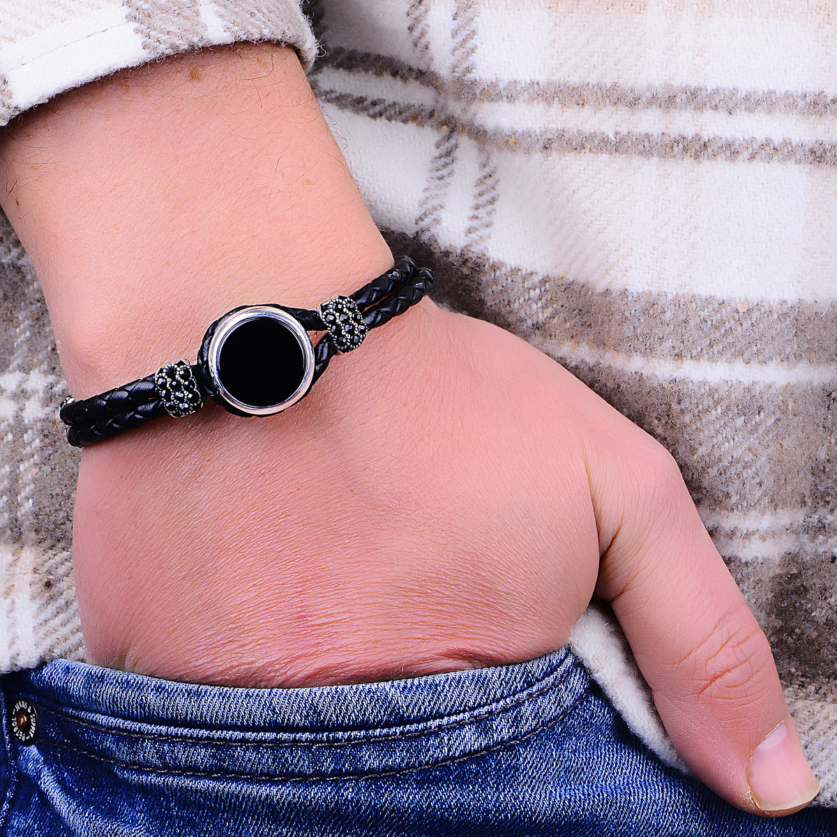 Men Onyx Stone Silver Leather Bracelet