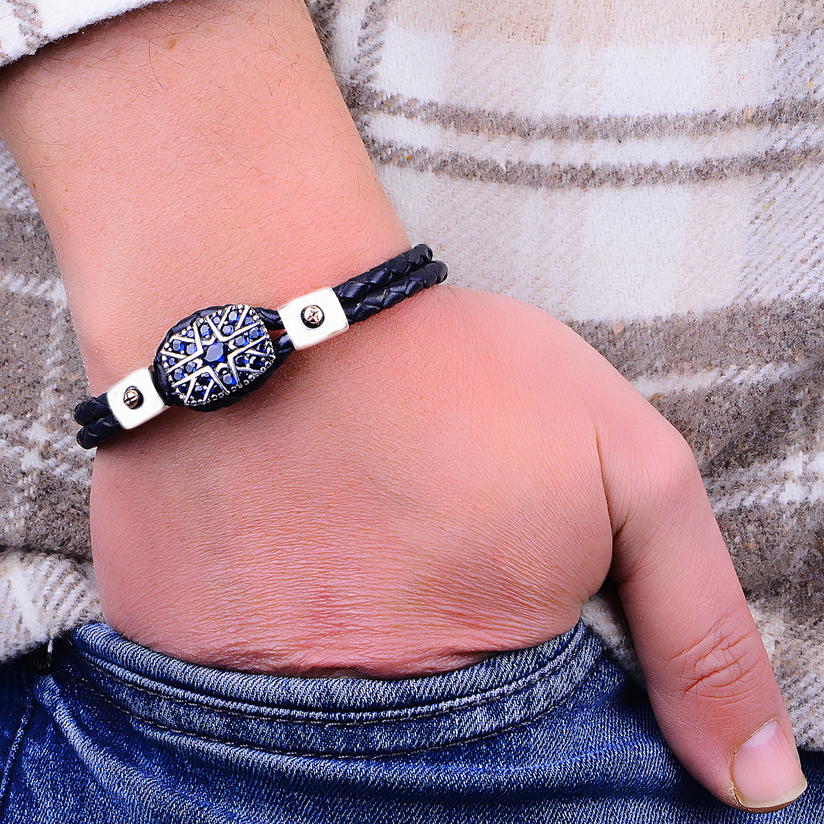 Silver Sapphire Stone Leather Bracelet