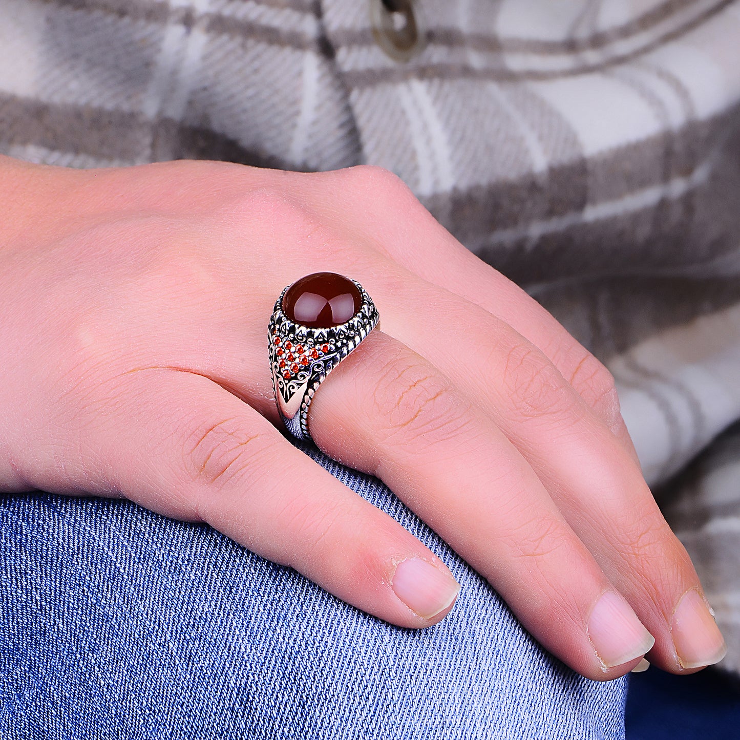 Silver Round Red Agate Stone Ring
