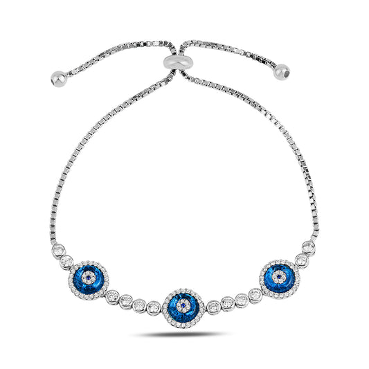 Women Silver Blue Evil Eye Adjustable Tennis Protection Bracelet