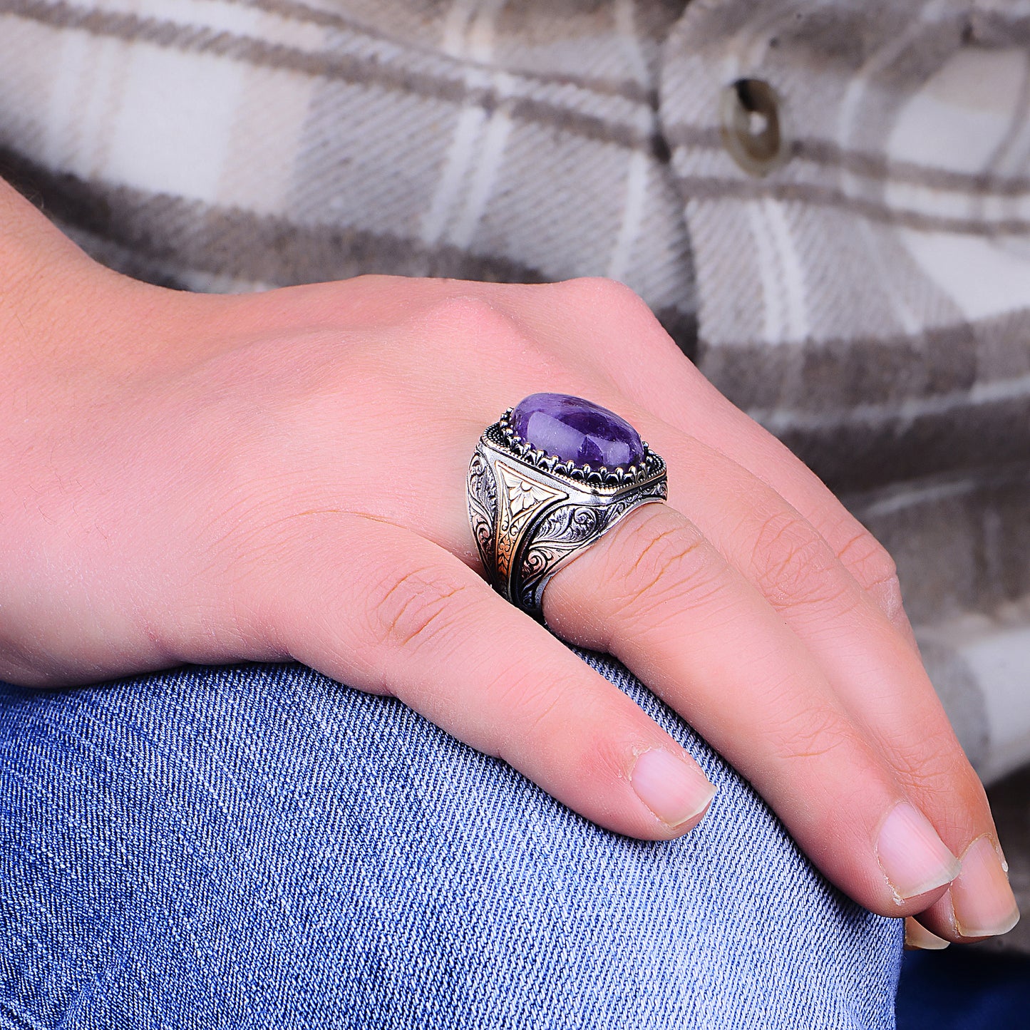 Silver Ottoman Style Natural Amethyst Stone Ring