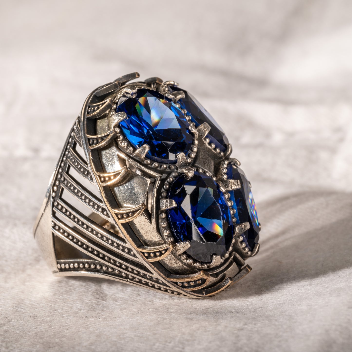 Silver Men Handmade Large Sapphire Gemstone Ring