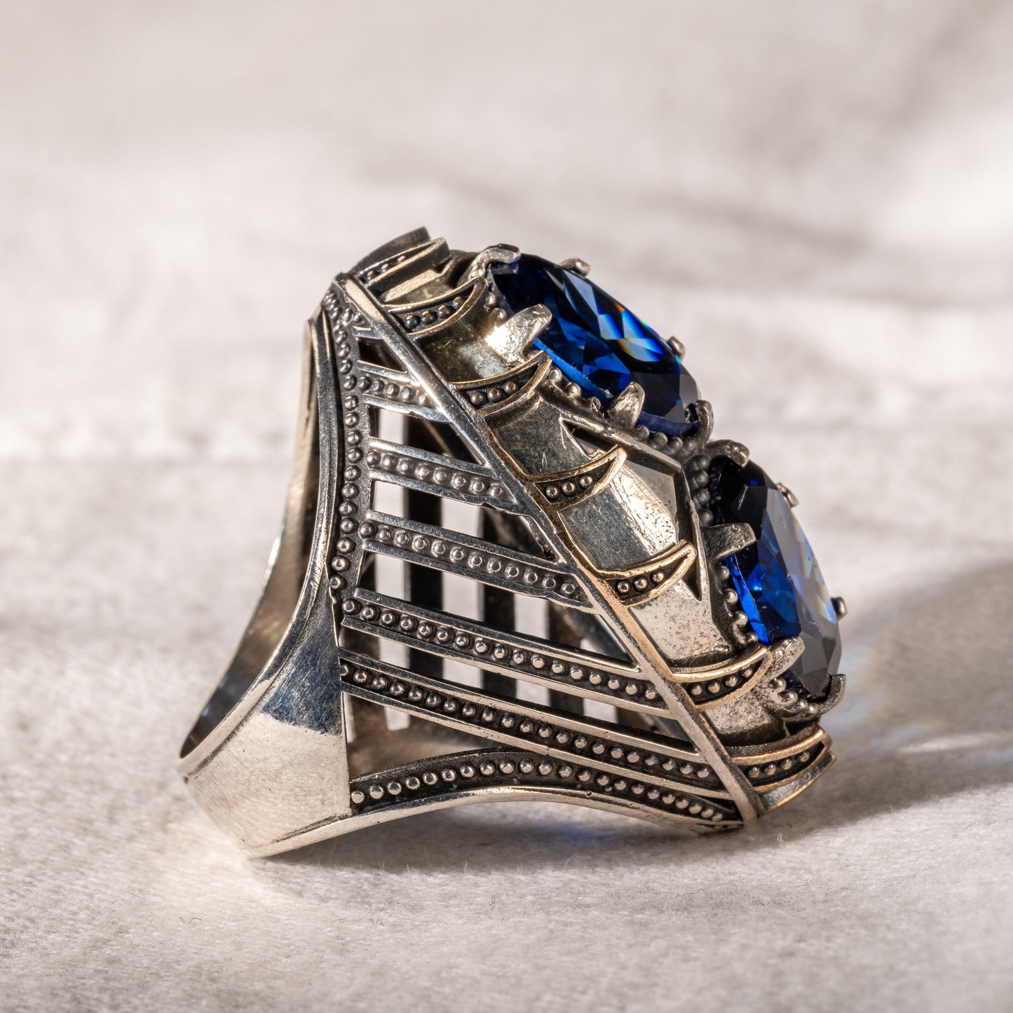 Silver Men Handmade Large Sapphire Gemstone Ring