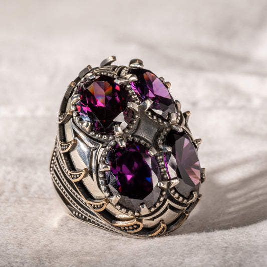 Men Silver Handmade Large Amethyst Gemstone Ring