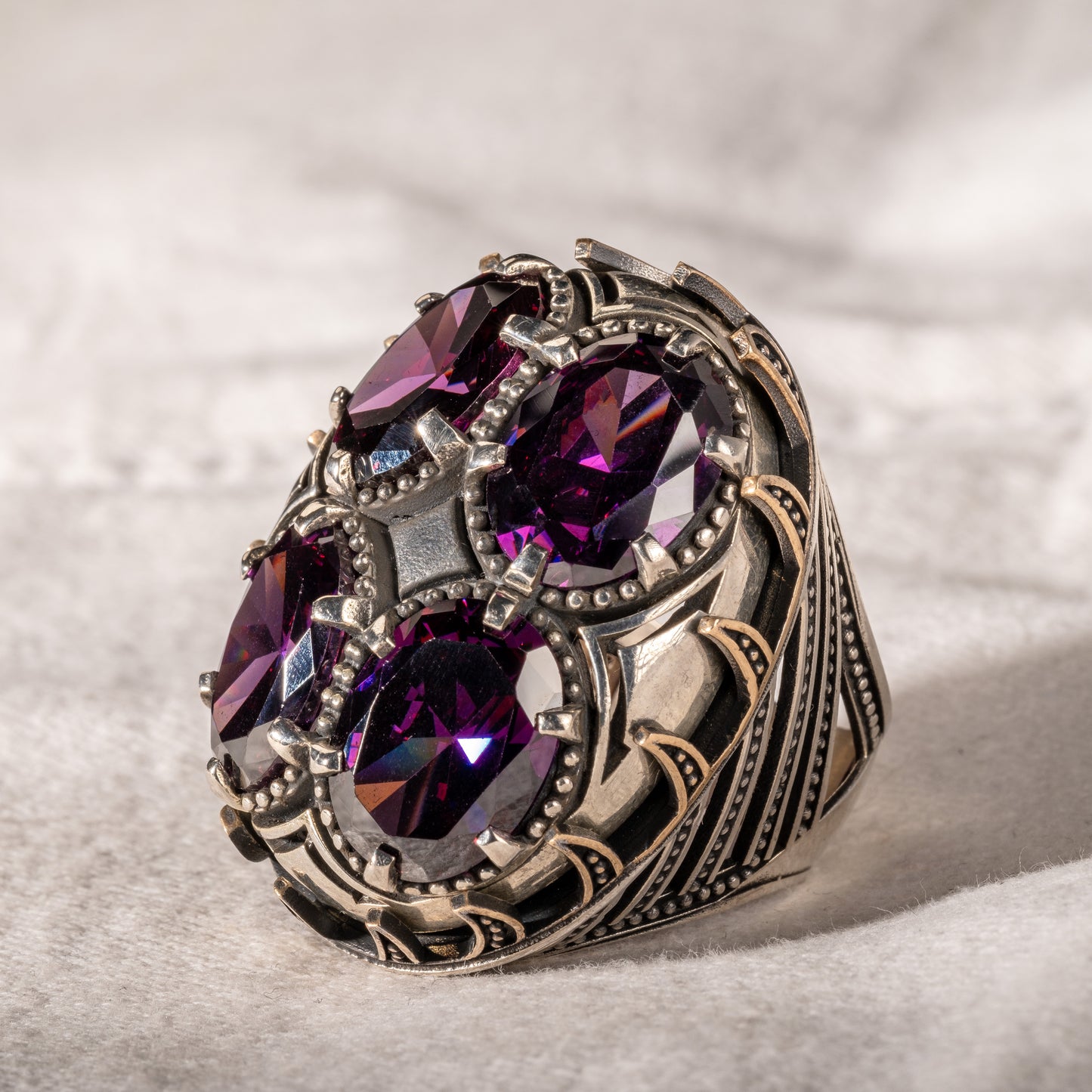 Men Silver Handmade Large Amethyst Gemstone Ring