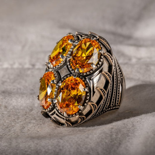 Men Silver Handmade Large Citrine Gemstone Unique Ring