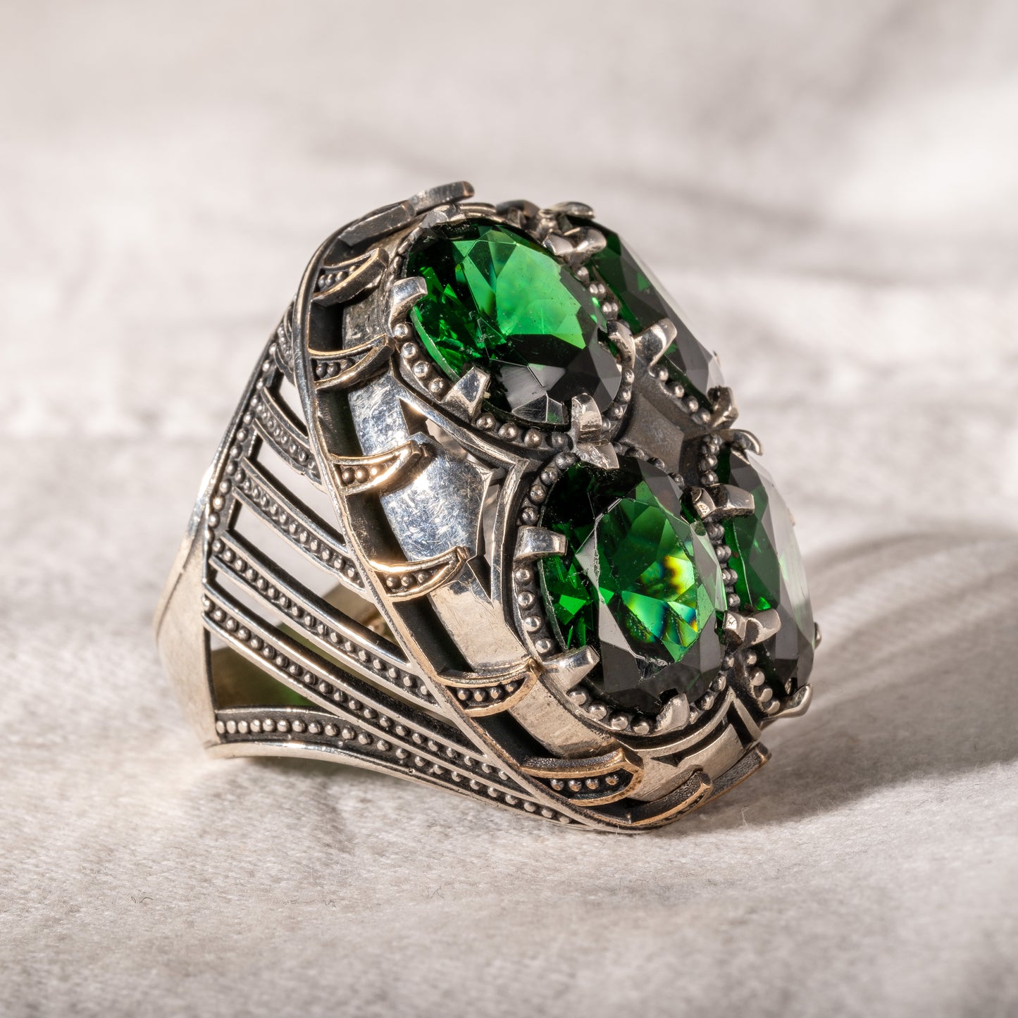 Men Silver Large Emerald Gemstone Unique Ring