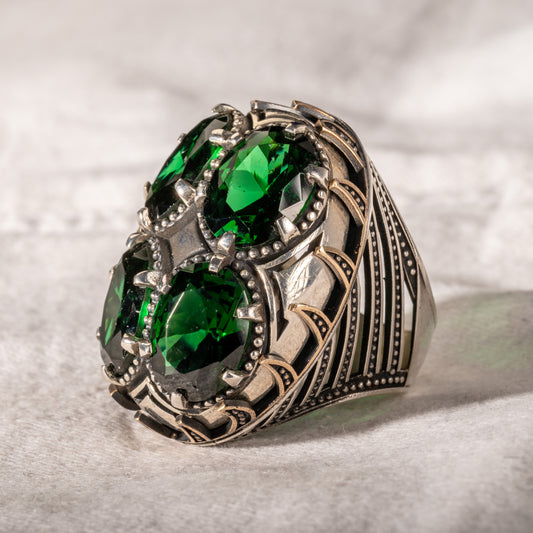 Men Silver Large Emerald Gemstone Unique Ring