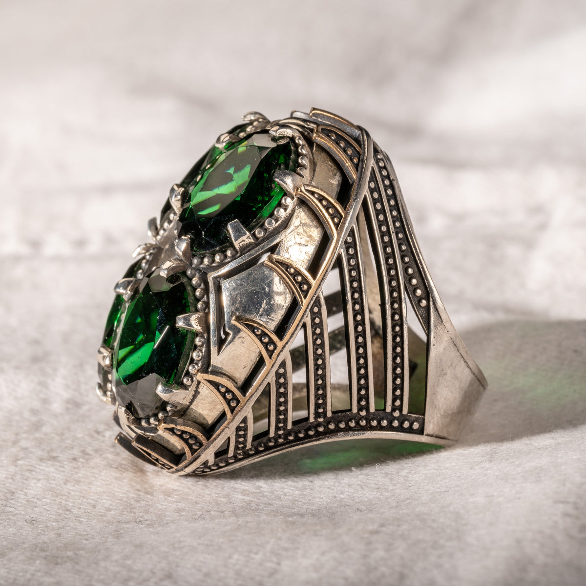 Men Silver Large Emerald Gemstone Unique Ring
