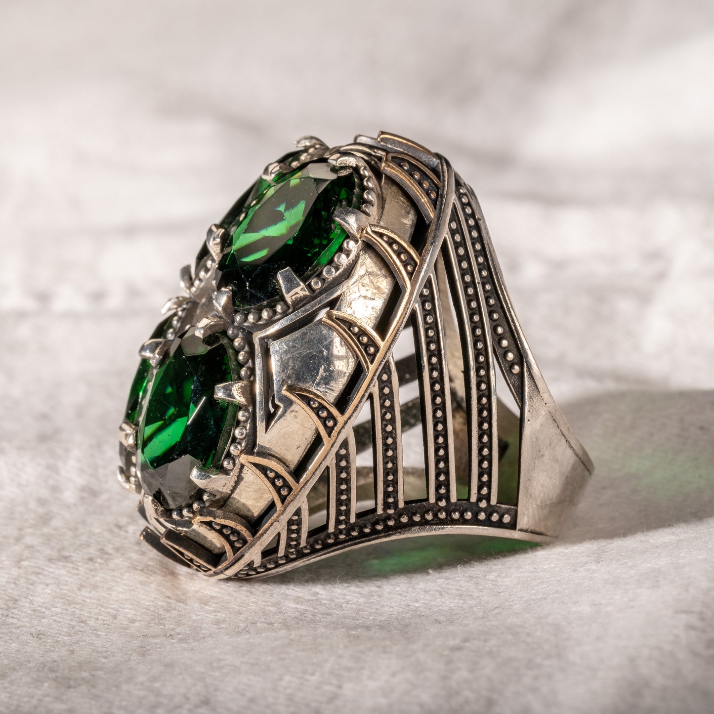 Men Silver Large Emerald Gemstone Unique Ring