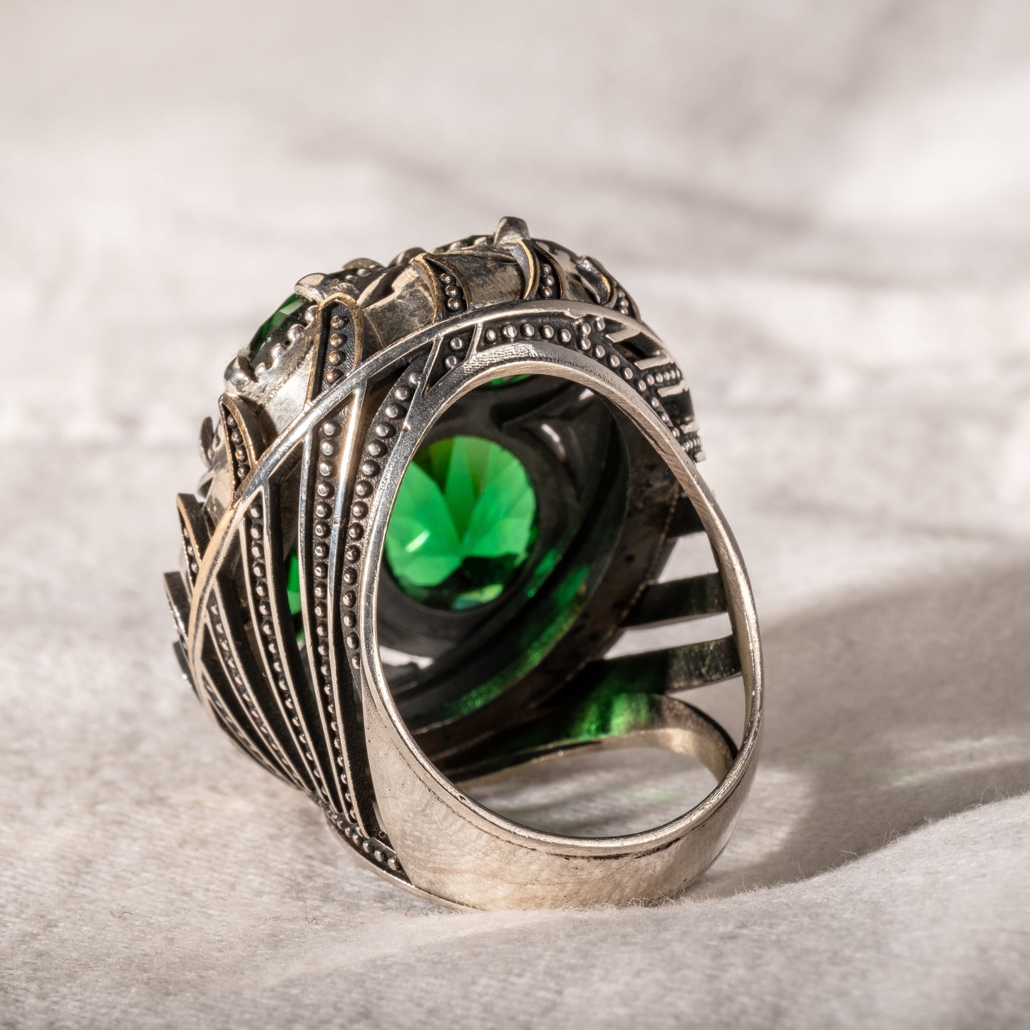 Men Silver Large Emerald Gemstone Unique Ring