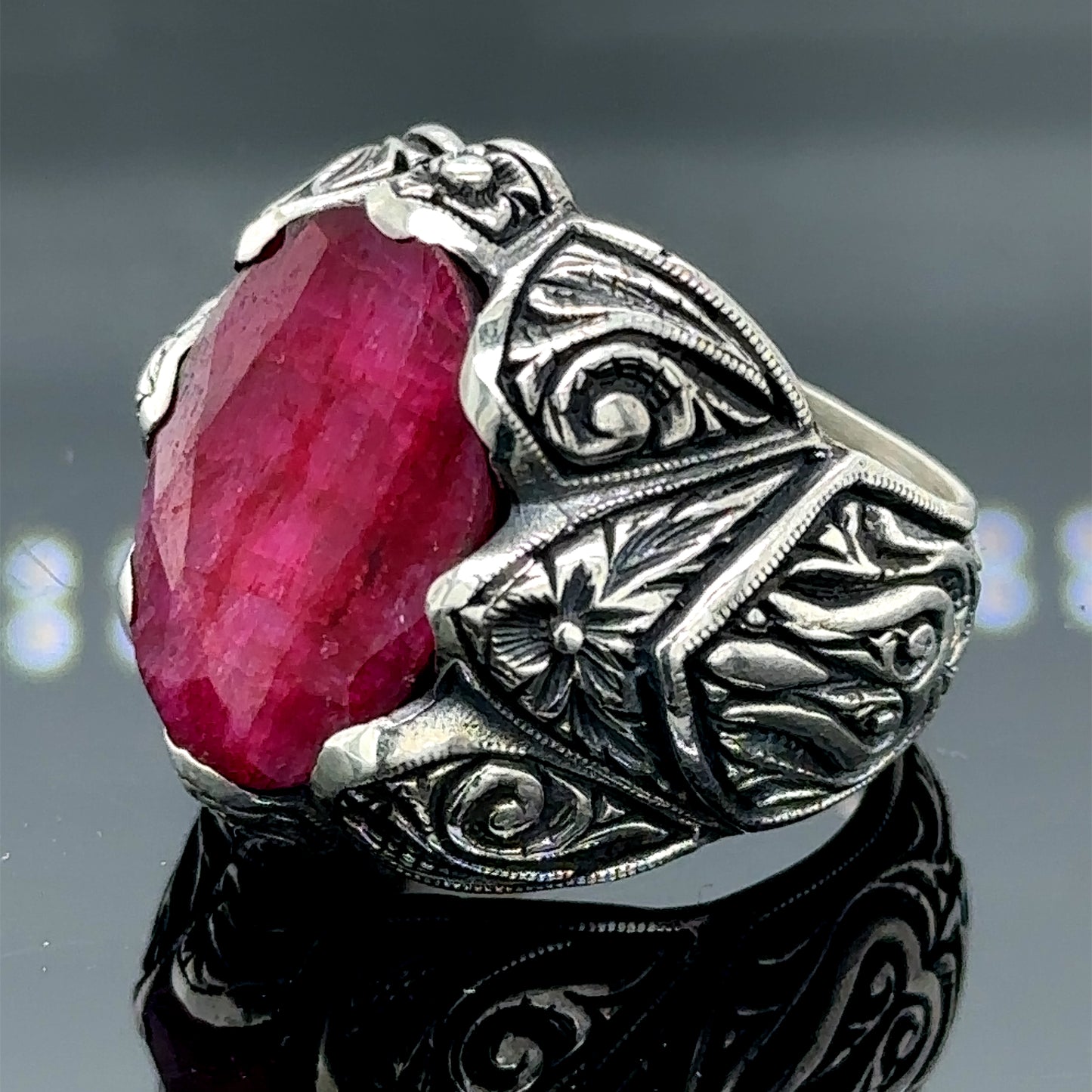 Men Silver Handmade Natural Red Ruby Gemstone Ring