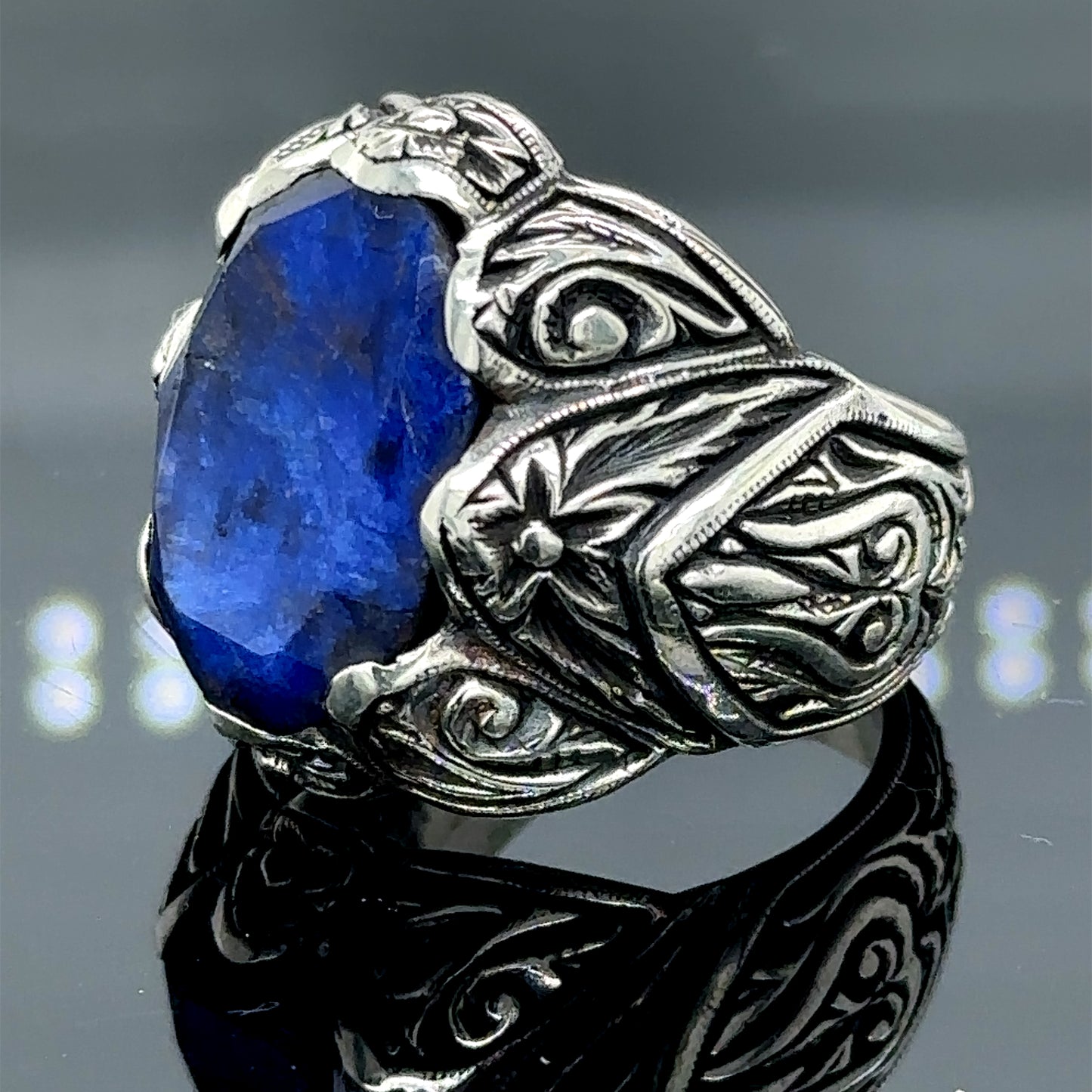 Men Silver Engraved Sapphire Gemstone Handmade Ring