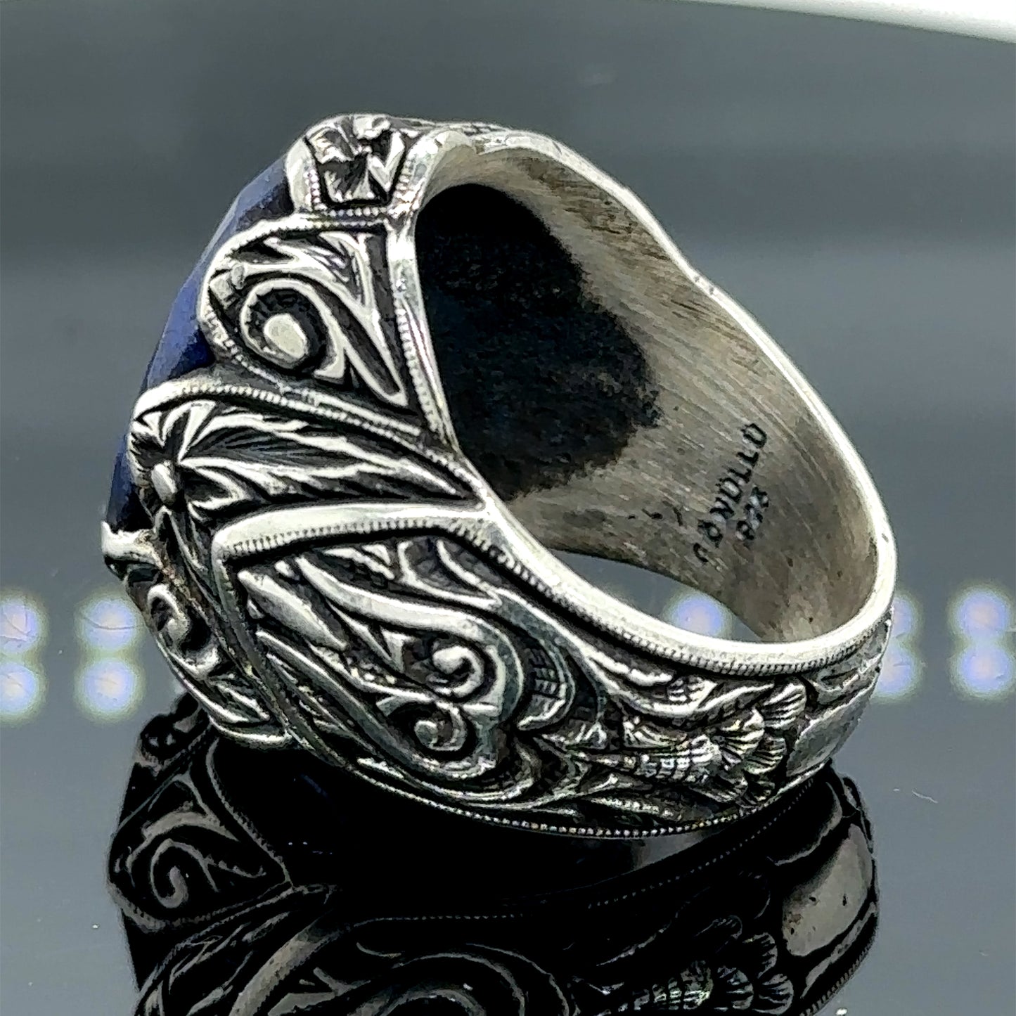 Men Silver Engraved Sapphire Gemstone Handmade Ring