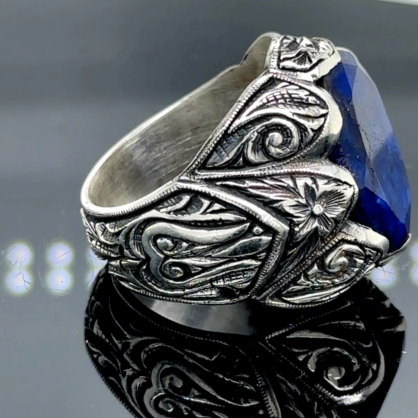 Men Silver Engraved Sapphire Gemstone Handmade Ring