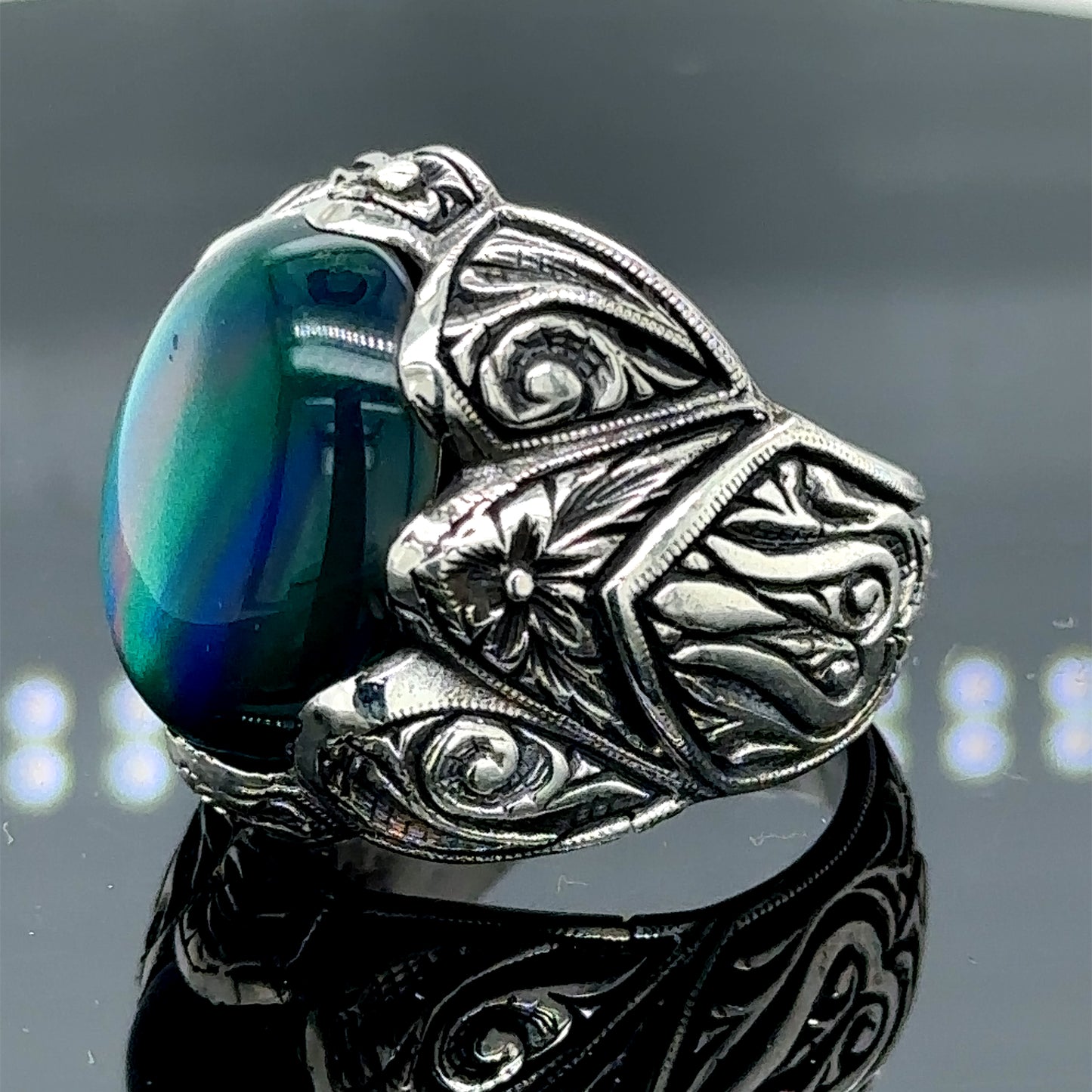 Men Silver Handmade Natural Blue Tiger Eye Gemstone Ring